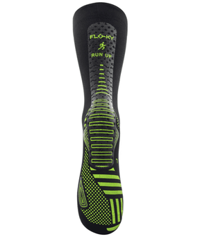 Floky RUN UP Medium calf-height running sock in black with neon yellow Floky and RUN UP logo at cuff and neon yellow compression zones and arch panel, front view on white background