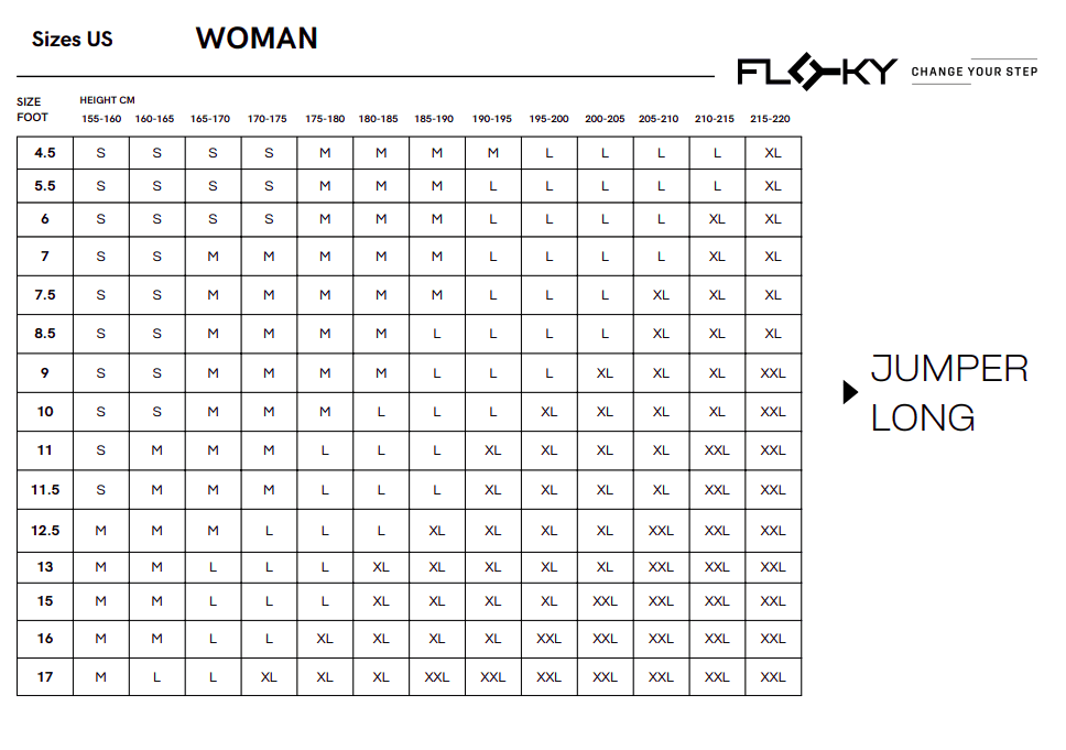 Women's US size chart for Floky Jumper Long and T-Trail sock showing foot sizes 4.5-17 cross-referenced with height 155-220cm to determine S/M/L/XL/XXL size, Floky Change Your Step logo, white background