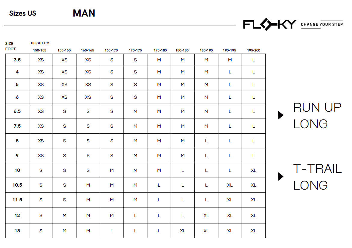 Floky men's size chart for RUN UP LONG and T-TRAIL LONG products, mapping US foot size 3.5 to 13 and height in cm to XS, S, M, L and XL sock sizes