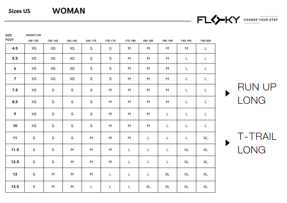 Floky women's size chart for RUN UP LONG and T-TRAIL LONG products, mapping US foot size 4.5 to 13.5 and height in cm to XS, S, M, L and XL sock sizes