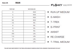 Floky men's US size chart mapping foot sizes 4 to 13 to XS/S, M/L and L/XL for RUN UP MEDIUM, S-MASH, T-TREK, S-PRINT, AXSIST, RE-CHARGE and T-TRAIL MEDIUM products