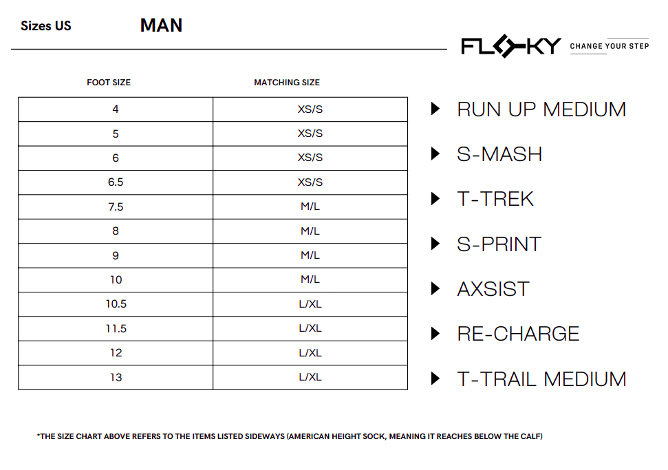 Men's US shoe size chart for multiple Floky products including RUN UP Medium, S-Mash, T-Trek, S-Print, Axsist, RE-CHARGE and T-Trail Medium, showing foot sizes 4-13 mapped to XS/S, M/L and L/XL, white background with Floky Change Your Step logo