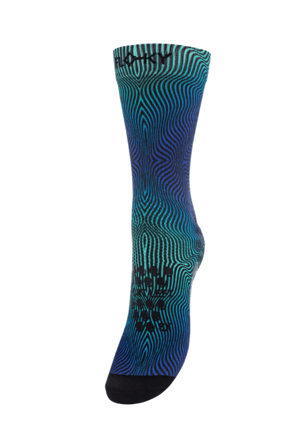 Floky S-Mash Kaleido sock in teal to dark navy purple gradient with wavy topographic line pattern, side view, product shot on white background