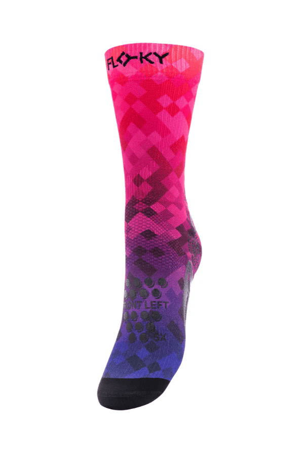 Floky S-Mash Pixel sock in hot pink to dark purple gradient with geometric diamond pixel pattern, product shot on white background