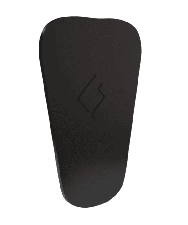 Floky Tackle shin guard in black with embossed diamond logo, front view, product shot on white background
