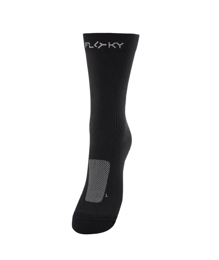 Floky RUN UP Medium calf-height running sock in black with grey Floky logo at cuff, grey mesh heel patch and black toe, side view on white background