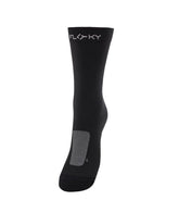 Floky RUN UP Medium calf-height running sock in black with grey Floky logo at cuff, grey mesh heel patch and black toe, side view on white background