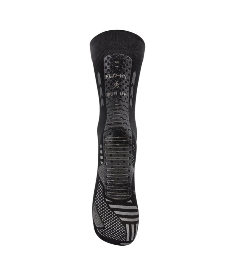 Floky RUN UP Medium calf-height running sock in black with grey Floky and RUN UP logo at cuff and grey compression zones and arch panel, front view on white background