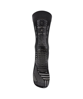Floky RUN UP Medium calf-height running sock in black with grey Floky and RUN UP logo at cuff and grey compression zones and arch panel, front view on white background
