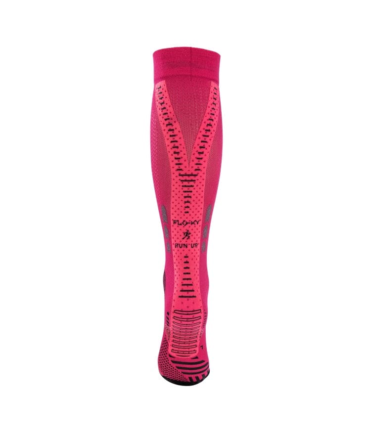 Single fuchsia pink Floky RUN UP Long over-the-calf compression sock standing upright with black contrast stripe and dot pattern detailing, FLOKY and RUN UP branding visible, product shot on white background