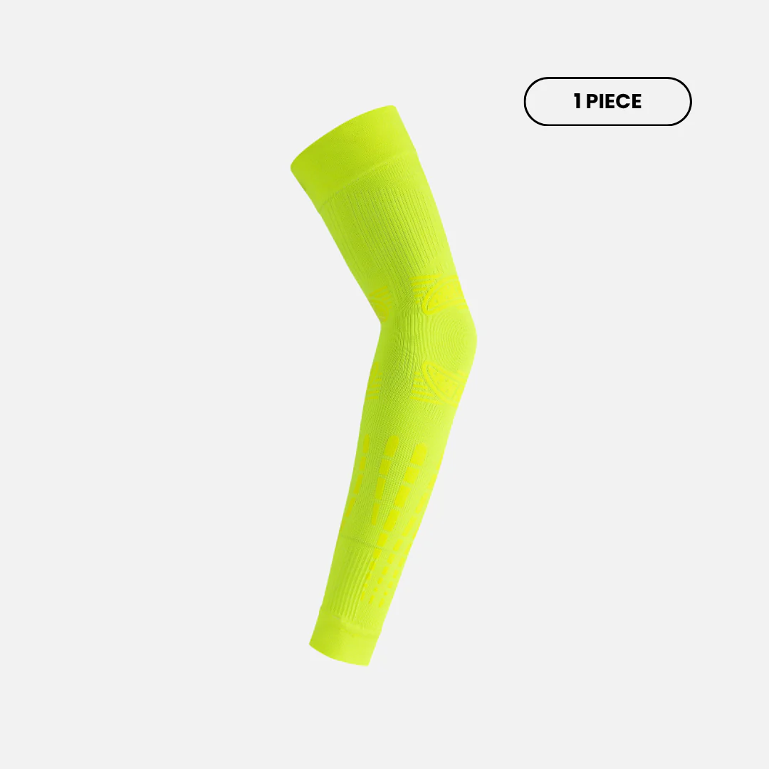 Side view of Floky No-Strain arm sleeve in neon yellow colourway showing solid lime yellow compression knit texture, single piece bent at elbow, product shot on light grey background