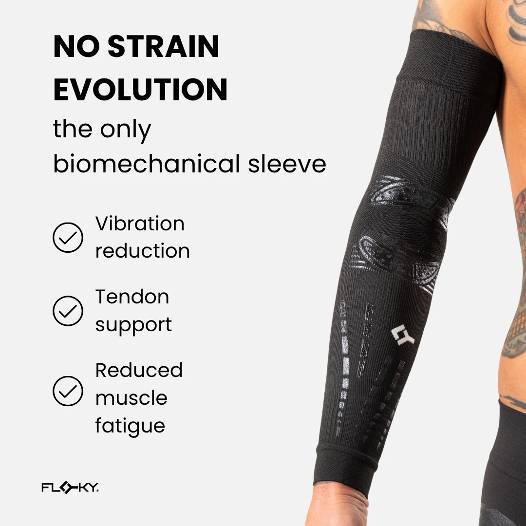 Floky No-Strain Evolution biomechanical arm sleeve infographic: the only biomechanical sleeve with Vibration reduction, Tendon support and Reduced muscle fatigue benefits, showing black sleeve on tattooed arm with FLOKY branding