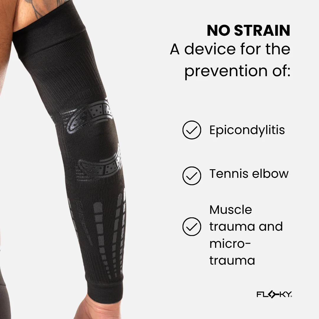 Floky No-Strain arm sleeve product benefit infographic: device for prevention of Epicondylitis, Tennis elbow and Muscle trauma, showing black arm sleeve with anatomical zone mapping detail and FLOKY branding