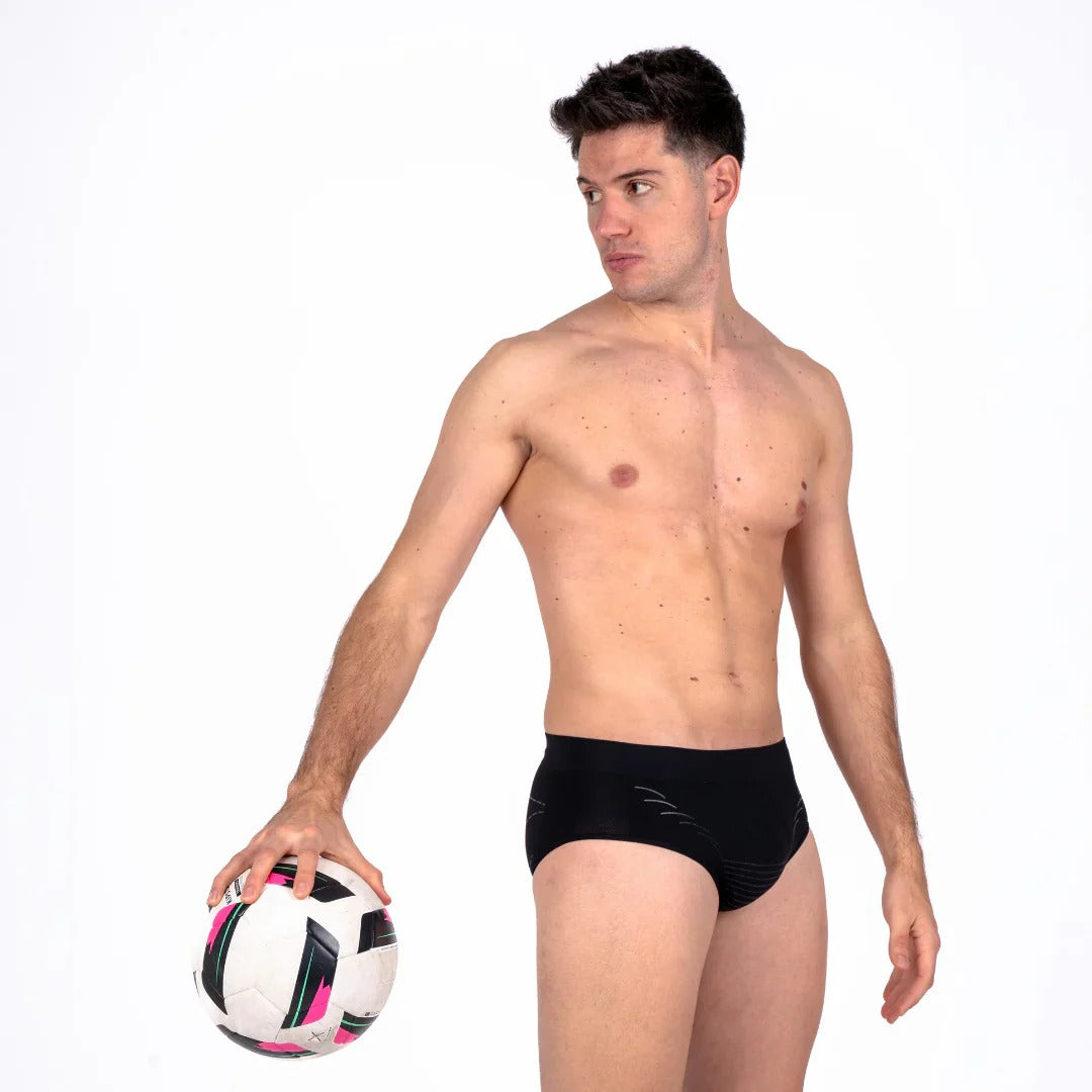 Soccer Player Model wearing Floky Black Corelift Men's Briefs Front 