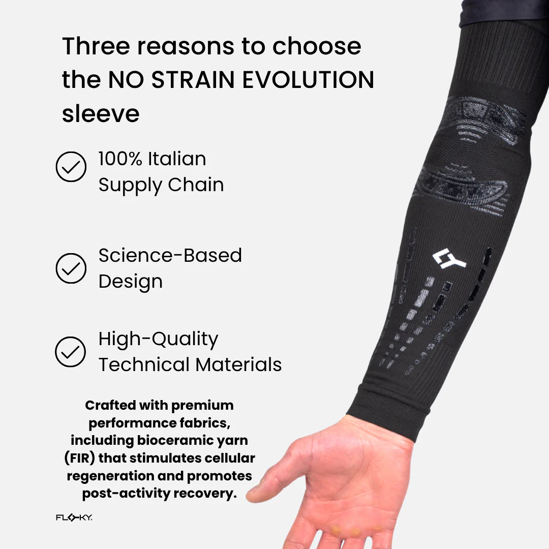 Floky No-Strain Evolution arm sleeve infographic: Three reasons to choose - 100% Italian Supply Chain, Science-Based Design, High-Quality Technical Materials, showing black arm sleeve on outstretched arm with bioceramic yarn FIR technology details