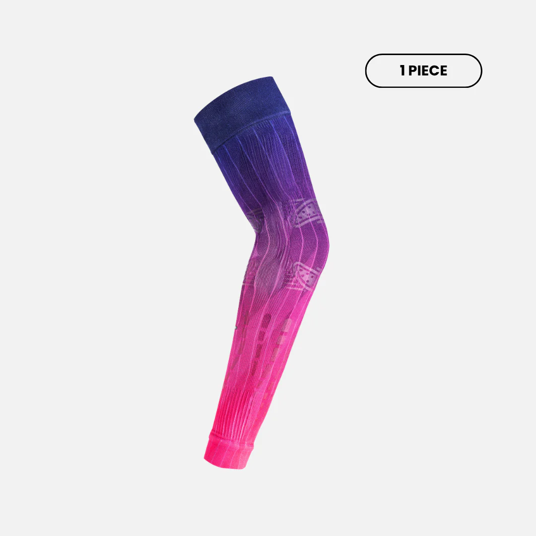 Side view of Floky No-Strain arm sleeve in Pink Nebula colourway showing deep purple to hot pink gradient ombre with anatomical zone mapping patterns, single piece bent at elbow, product shot on light grey background
