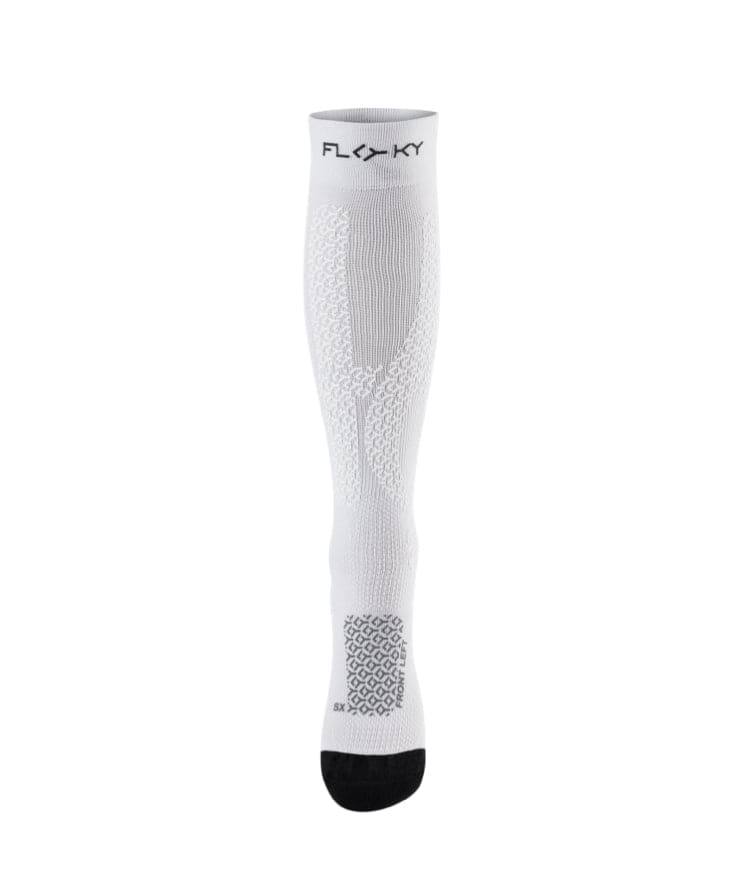 Front view of white Floky Jumper Long over-the-calf compression sock with FLOKY logo at cuff, grey compression zone mapping throughout and black toe panel, product shot on white background