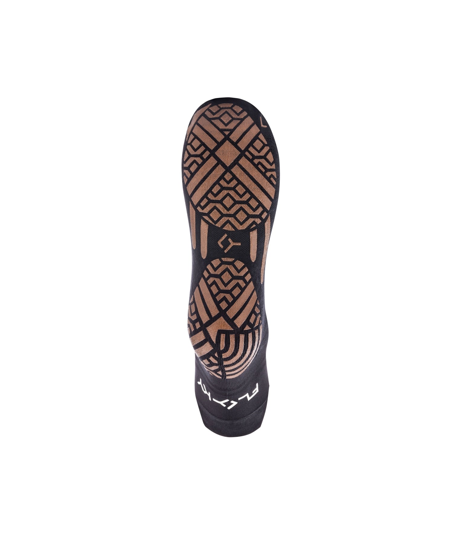 Sole view of black Floky GYMNASIUM pilates grip sock showing tan geometric diamond non-slip grip pattern covering full sole, FLOKY text at toe, closed-toe design, product shot on white background