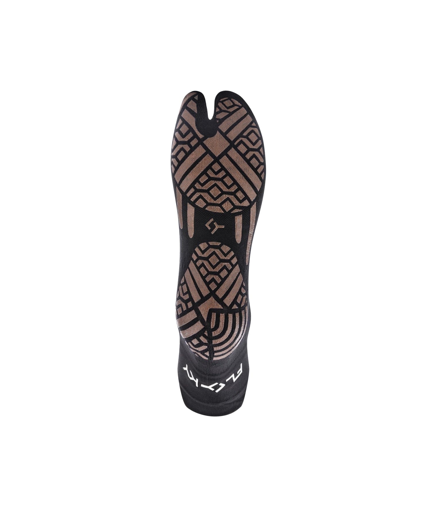 Sole view of Floky KINETICA pilates grip sock showing split-toe design and tan geometric diamond non-slip grip pattern on dark navy sock, FLOKY branding on sole, product shot on white background