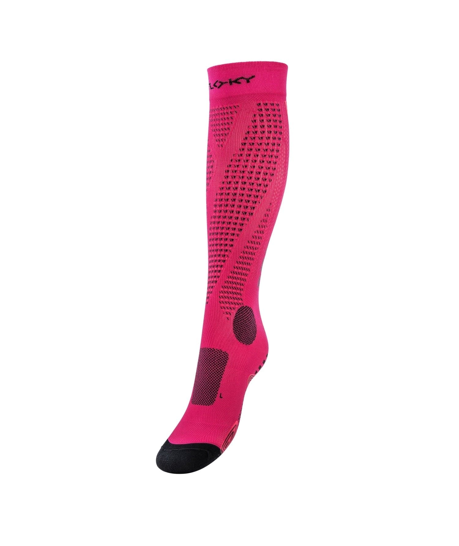Single fuchsia pink Floky RUN UP Long over-the-calf compression sock with FLOKY logo at cuff, black toe and heel panels, dark heart and dot pattern detailing throughout, angled product shot on white background