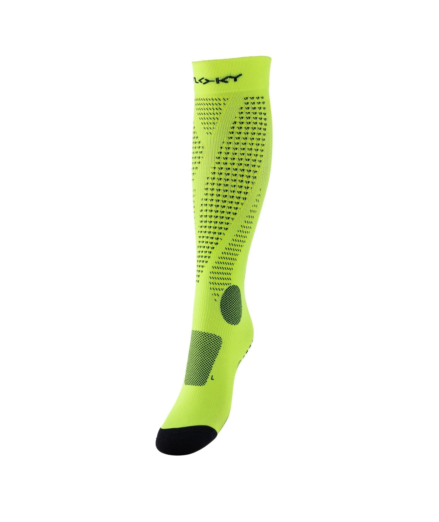 Floky RUN UP Long over-the-calf compression sock in neon yellow with black Floky logo, black dot compression pattern and black toe, side view on white background