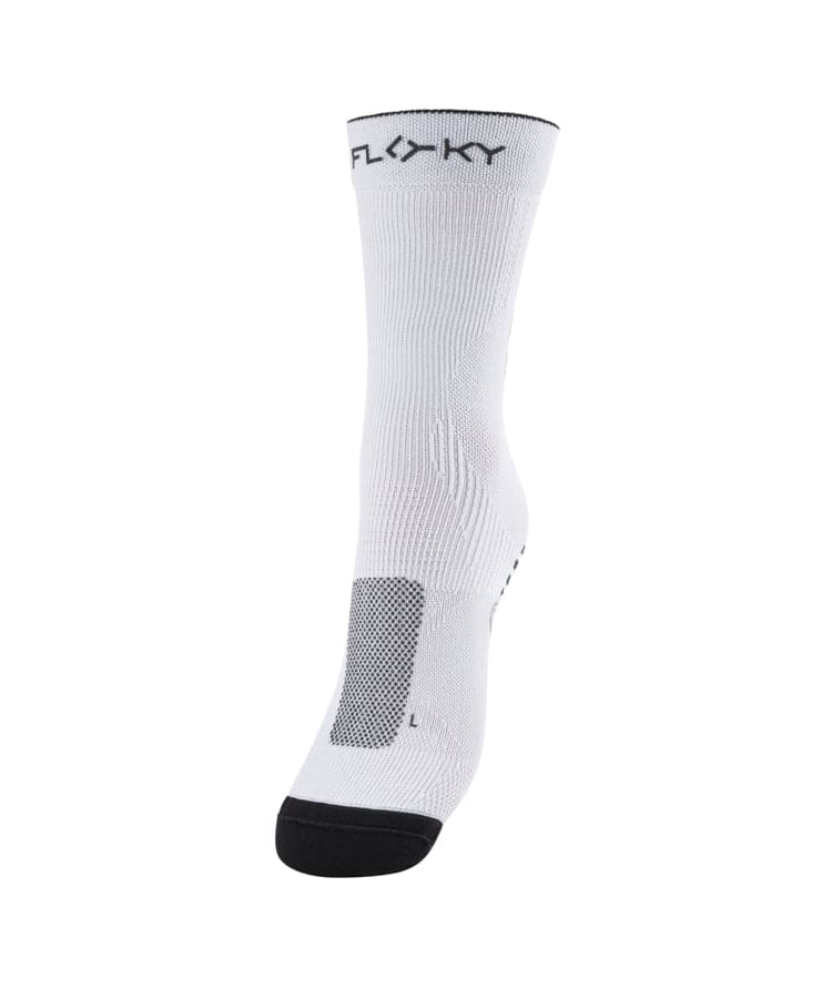 Floky RUN UP Medium calf-height running sock in white with black Floky logo at cuff, grey mesh heel patch and black toe, side view on white background