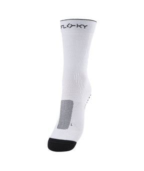 Floky RUN UP Medium calf-height running sock in white with black Floky logo at cuff, grey mesh heel patch and black toe, side view on white background