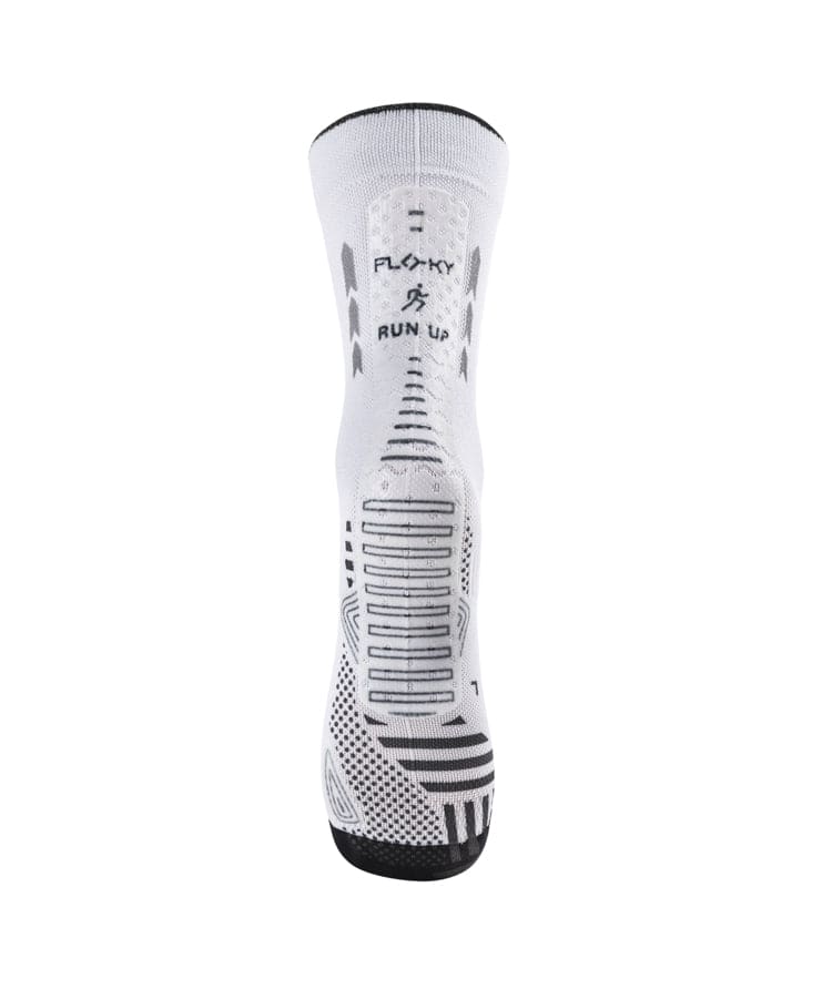 Floky RUN UP Medium calf-height running sock in white with black Floky and RUN UP logo at cuff and black compression zones and arch panel, front view on white background