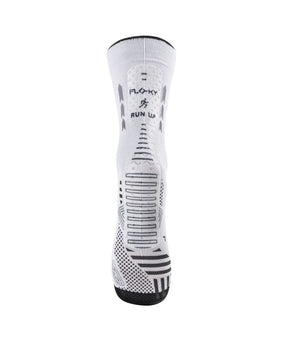 Floky RUN UP Medium calf-height running sock in white with black Floky and RUN UP logo at cuff and black compression zones and arch panel, front view on white background