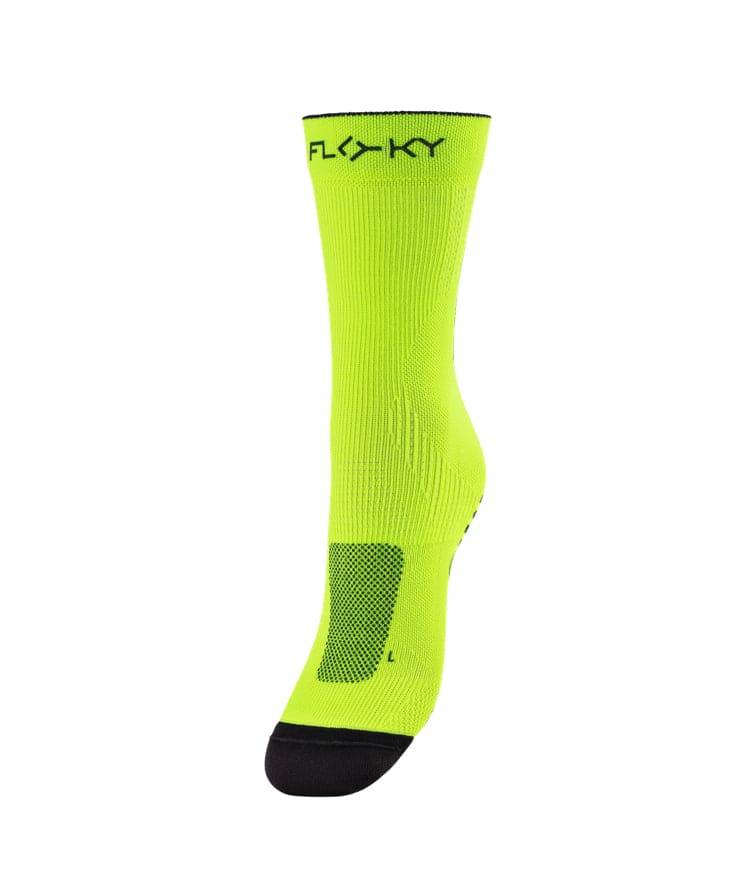 Floky RUN UP Medium calf-height running sock in neon yellow with black Floky logo at cuff, dark mesh heel patch and black toe, side view on white background