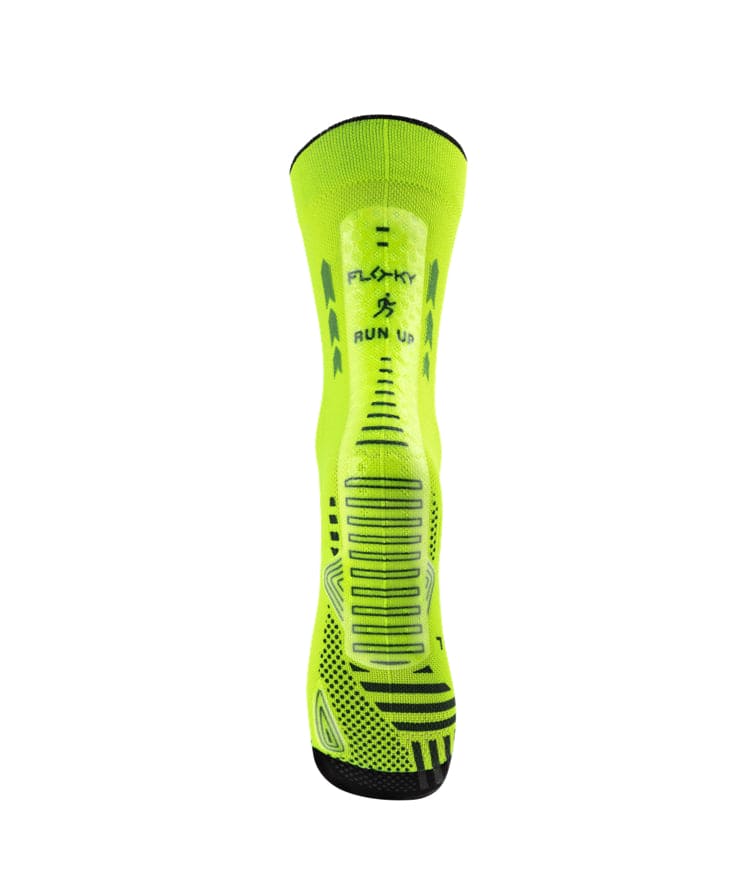 Floky RUN UP Medium calf-height running sock in neon yellow with black Floky and RUN UP logo at cuff and black compression zones and arch panel, front view on white background