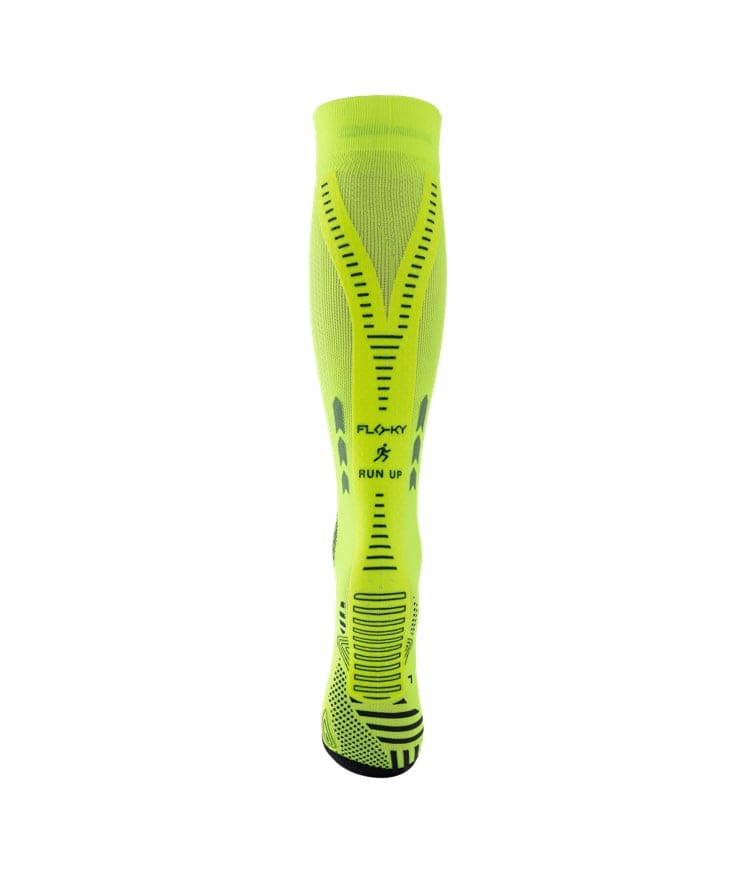 Floky RUN UP Long over-the-calf compression sock in neon yellow with black Floky and RUN UP logo and black compression zones, front view on white background